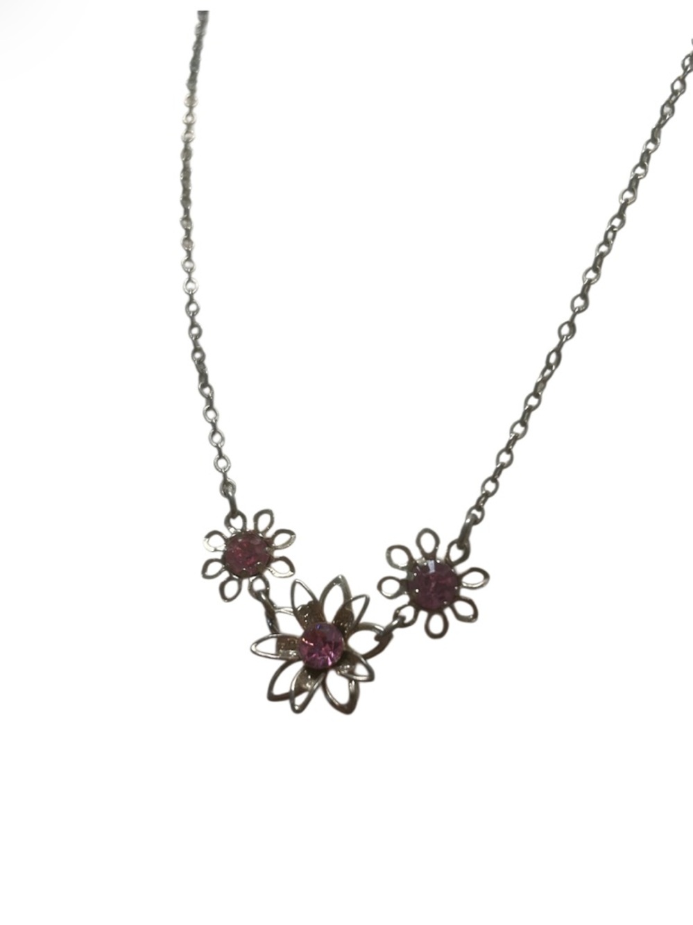 Girl’s Silver Tone Necklace with Pink Floral Accents